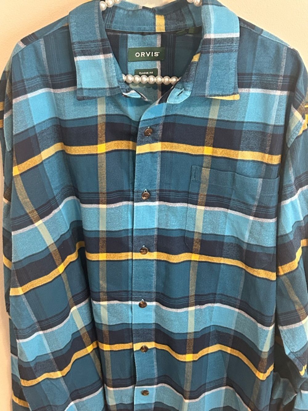 Orvis Mens Stretch Cotton Flannel Plaid Button Down Shirt Blue Yellow Size XL